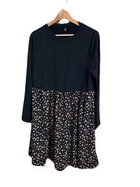SHEIN Black Long-Sleeve High-Low Dress with Floral Skirt